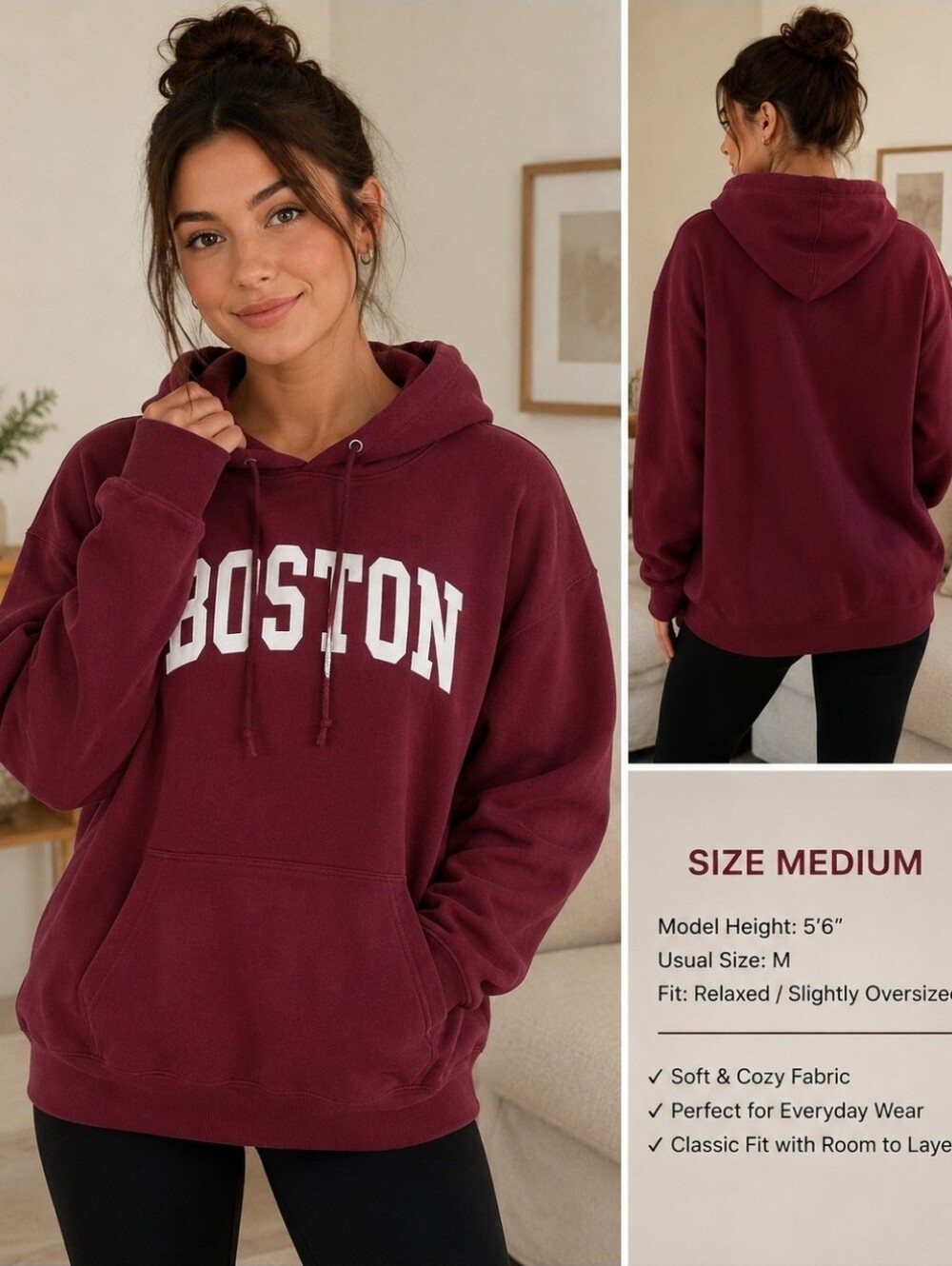 Brandy Melville Boston Hoodie – Burgundy Oversized Pullover